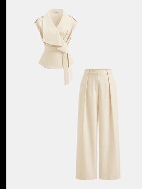 Commense Cream Wrap Top and Wide-Leg Trousers Set